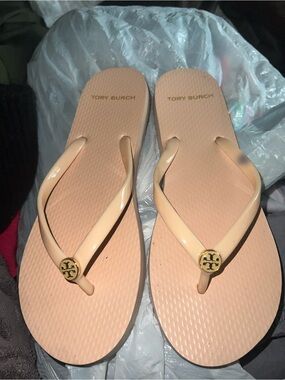 Tory Burch Peach Patent Logo Flip Flop Sandals
